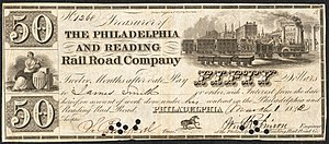 Philadelphia and Reading Railroad Company 50 dollar bill. Bill has several small circular holes punched through the signatures of the Treasurer and Engineer. Images include Liberty, seated, with shield, caduseus, and sailing vessels; a busy railway station with cars on four different tracks; and a horse.