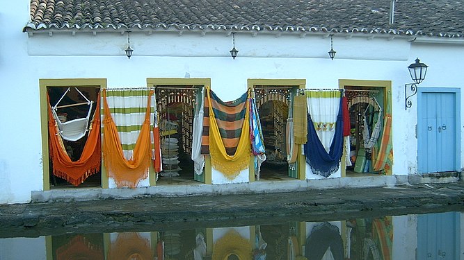 Handmade hammocks in store in the city of Parati