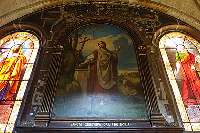 "Saint Genevieve guarding her flock" (19th c.) between two stained glass windows