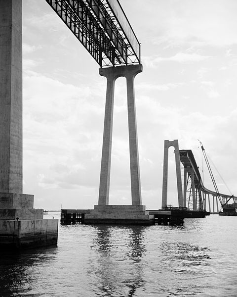 Waterline view of bridge construction, c. 1968