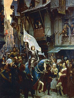 Joan of Arc on horseback with armor and holding banner being greated by the people of Orléans.