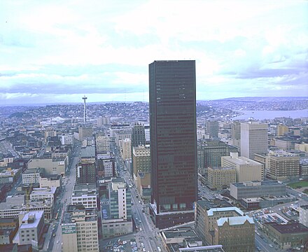An aerial view of Downtown Seattle looking north in 1969, after the completion of the 50-story Seafirst Building