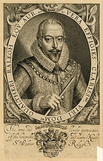 Plate by Simon van de Passe; used as the frontispiece to the third edition of Raleigh's History of the World in 1617. Sir Walter Raleigh by Simon van de Passe (1617).jpg