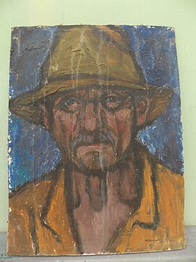 Слика Беле Пехана "Портрет старца у шеширу", темпера на картону, 39×30, 1956. година