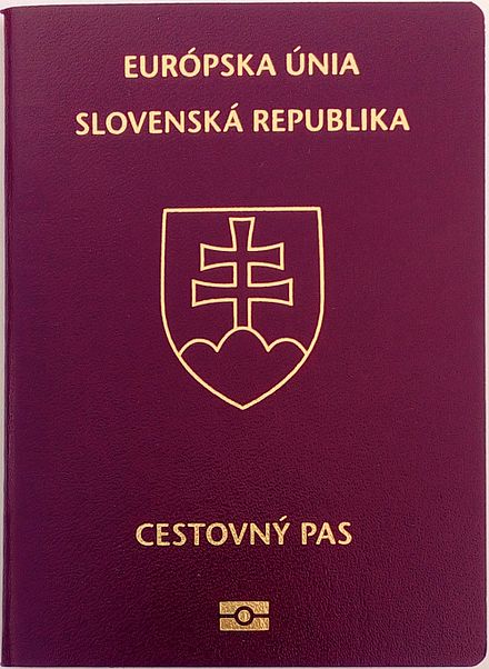 The front cover of Slovak passport with the coat of arms.