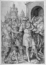 Lot prevents violence against the Angels (1555 engraving by Heinrich Aldegrever) Sodoma - Aldegrever.jpg