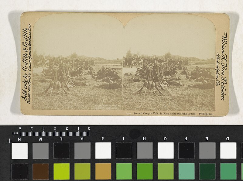 File:Soldaten van het Oregon vrijwilligers regiment tijdens de Filipijns-Amerikaanse Oorlog Second Oregon Vols, in Rice Field awaiting orders. Philippines (titel op object), RP-F-F13160.jpg