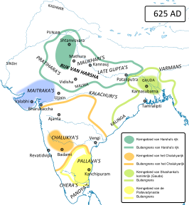 Staatkundige kaart van India rond 625. De Maitraka's bevonden zich op dat moment tussen de groeiende machten van de Chalukya's en keizer Harsha.