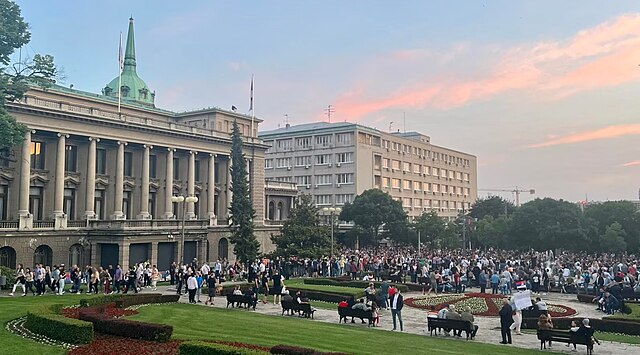 Demonstrators protesting next to the City Assembly of Belgrade