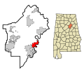 This map shows the incorporated and unincorporated areas in St. Clair County, Alabama, highlighting Riverside in red. It was created with a custom script with US Census Bureau data and modified with Inkscape.