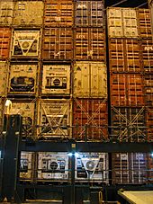 Containers loaded on a container ship with the refrigeration units visible Stack of containers.JPG