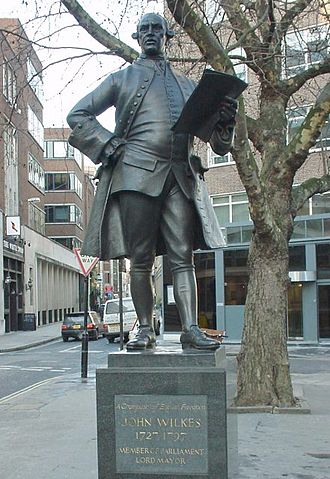 Statue of John Wilkes (Fetter Lane, London). Member of Parliament for Middlesex 1768-1769 and 1774-1790. StatueOfJohnWilkes.jpg