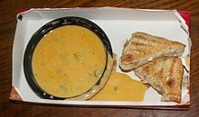 A Stouffer's frozen prepared soup and sandwich meal after heating Stouffer's Corner Bistro stuffed melt sandwich and broccoli cheddar soup.jpg