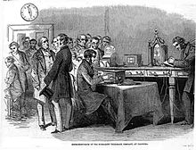 The first message is received by the Submarine Telegraph Company in London from Paris on the Foy-Breguet instrument in 1851. The equipment in the background is a Cooke and Wheatstone set for onward transmission. Submarine Cornhill 1852.jpg