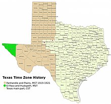 Historical Texas time zones. Now only the green area follows Mountain Time, the rest follows Central Time. Texas timezones.jpg