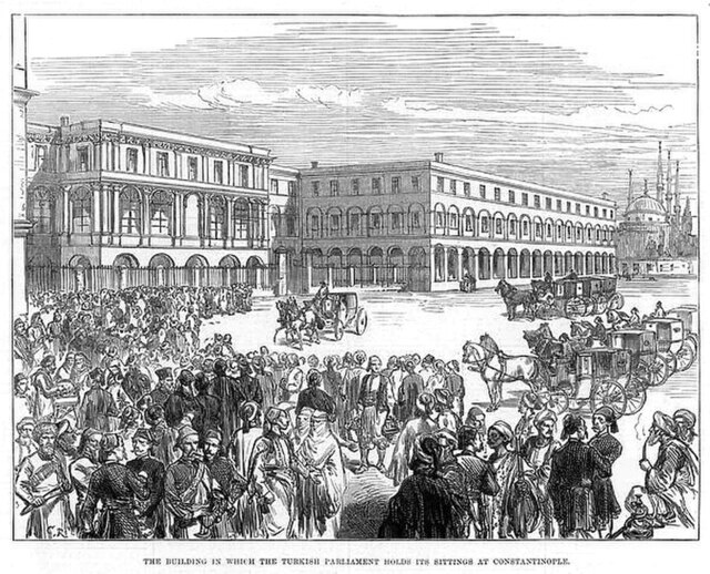 The Old Darülfünun building in which the Turkish Parliament held its Sittings at Constantinople. The Illustrated London News 1877