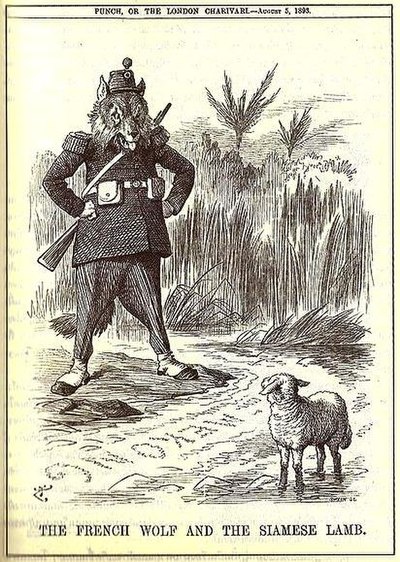Punch Magazine cartoon showing the "French wolf" looking across the Mekong toward the "Siamese lamb"