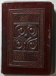 The original tooled red goatskin binding of the 7th century St Cuthbert Gospel is the earliest surviving Western binding The St Cuthbert Gospel of St John. (formerly known as the Stonyhurst Gospel) is the oldest intact European book. - Upper cover (Add Ms 89000) (cropped).jpg