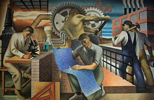 Bustling with work and activity, "The Wealth of the Nation" by Seymour Fogel is an interpretation of the theme of Social Security.