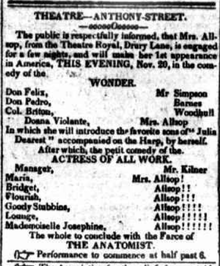 Advertisement in the November 20, 1820 New York Evening Post for Frances Alsop appearing in a performance of Wonder (a 1714 play by Susanna Centlivre). The Wonder Anthony St Theatre NY Evening Post Nov 20 1820.png