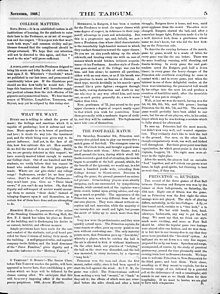 "The Foot-Ball Match" chronicled the first collegiate game between Rutgers and Princeton in The Targum, November 1869. The first game rutgers targum nov 1869.jpg