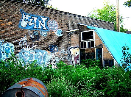 The Trumbullplex, an anarchist intentional community in the forests of Woodbridge neighborhood of Detroit, Michigan[40]