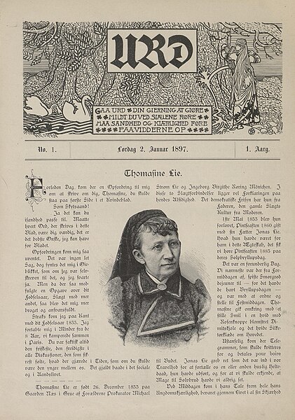 File:URD No 1 Lørdag 2. januar 1897 Thomasine Lie skytsånd for kvinneblad Norwegian women's magazine front page Nasjonalbiblioteket no-nb digitidsskrift 2020042081795 001.jpg