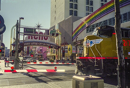 Union Pacific on street level mid 1990s Reno, Nevada. Today railroad now runs under street level.