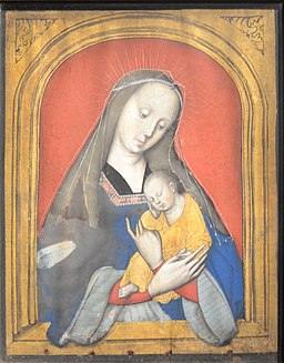 <br>Maestro della Madonna di Digione<br>Madonna con il Bambino dormiente<br>Fine XV secolo<br>Tempera su tela<br>(Wikimedia)