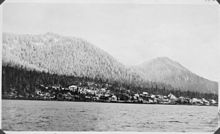 Saxman, Alaska as seen from Tongass Narrows in March 1917 View of Saxman, Alaska, from the water. Edward Marsden's Presbyterian mission was at Saxman. - NARA - 297791.jpg