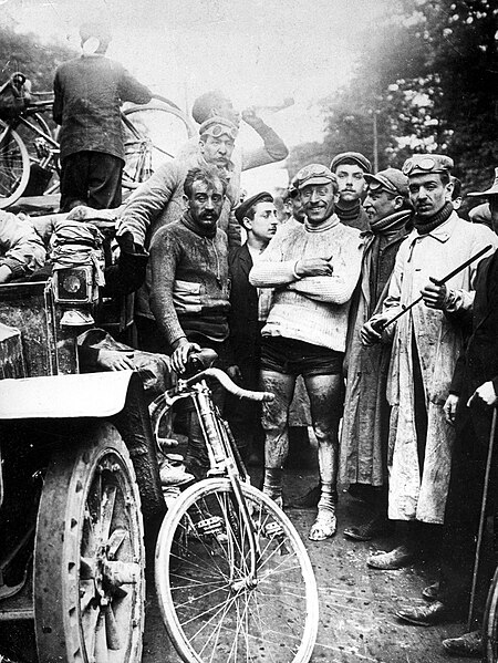 Maurice Garin, winner of the first Tour de France standing on the right. The man on the left is possibly Leon Georget (1903).