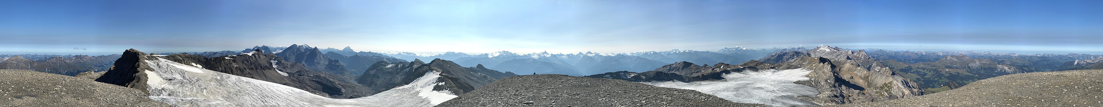 Panorama of 2 glaciers from mountain Wildstrubel, in right side a view to Adelboden mountains