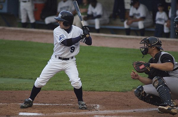 Will Rhymes bats during a Class A game between the West Michigan Whitecaps and Kane County Cougars in September 2006