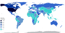 World map of civilian gun ownership - 2nd color scheme.svg