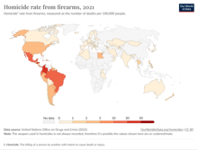 Homicide rates (from firearms) per 100,000 people by country. World map of homicide rates from firearms per 100,000 people by country.png