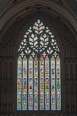 The Great West Window (1338–39), known as "The Heart of Yorkshire", with curvilinear tracery in the Decorated style