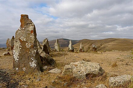 Bronze Age burial site Zorats Karer (also known as Karahunj). Zorats Karer 2008, part of the stone circle.jpg