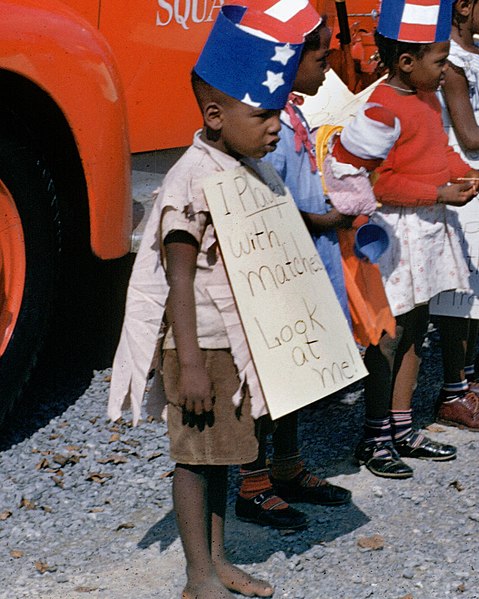 File:"I Played with matches Look at me!" sign board on African American child detail, from- 1940s Fire Truck and kids on Kodachrome in Oak Ridge Tennessee (6987505011) (cropped).jpg