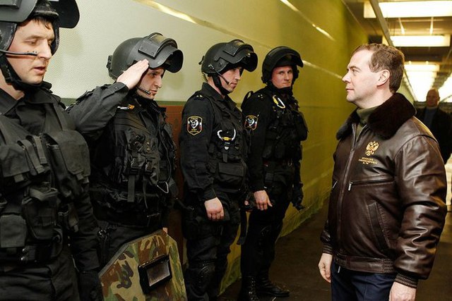 Dmitry Medvedev inspecting Shchyolkovo OMON in 2011