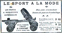 An advert for an early 20th-century model which fitted over ordinary shoes 1908-PatinsRoulettes.jpg