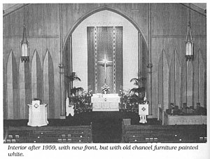 The chancel of Saint Stephen's Lutheran Church in Allentown; on the side left to the altar is the pulpit from which the Gospel is read by the pastor. On the side right of the altar is the lectern from which the Epistle is read, normatively by a reader. 1959 - Main Sanctuary - St Stephens Lutheran Church - Allentown PA.jpg