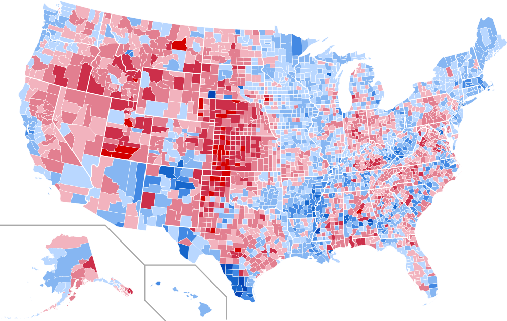 Results by county, shaded according to winning candidate's percentage of the vote.