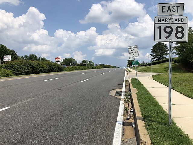 View east along MD 198 approaching the interchange with the Baltimore–Washington Parkway in Maryland City