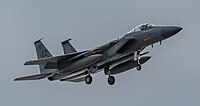 A US Air Force F-15C Eagle, tail number 85-0114, on final approach at Kadena Air Base in Okinawa, Japan.