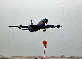 A KC-135 Stratotanker operated by the 340th Expeditionary Air Refueling Squadron takes off on a flight 379aeog-kc-135.jpg
