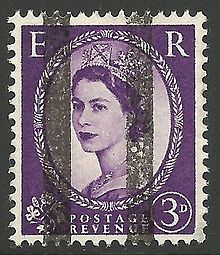 A 3d Wilding Overprinted with black bars for use as a training stamp, 1954 or later. 3 pence British Wilding series training stamp c. 1954.jpg