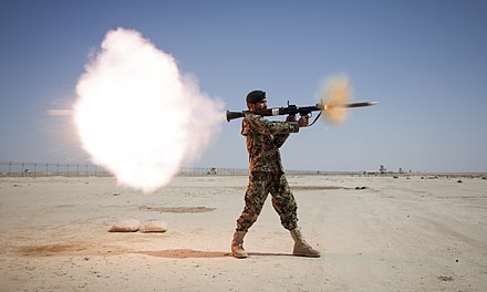 An Afghan National Army soldier firing an RPG-7, 2013
