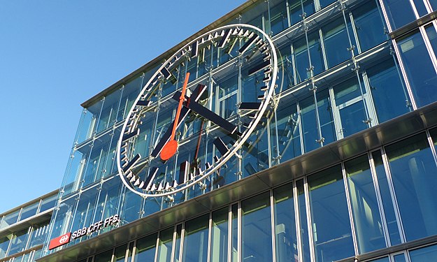 SBB train station clock in Aarau, Switzerland, measures 9 meter in diameter