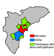 Situación del área metropolitana de Alicante-Elche dentro de la provincia de Alicante.