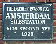 Plaque on the facade of the Amsterdam Substation Amsterdam Substation plaque - Detroit Michigan.jpg